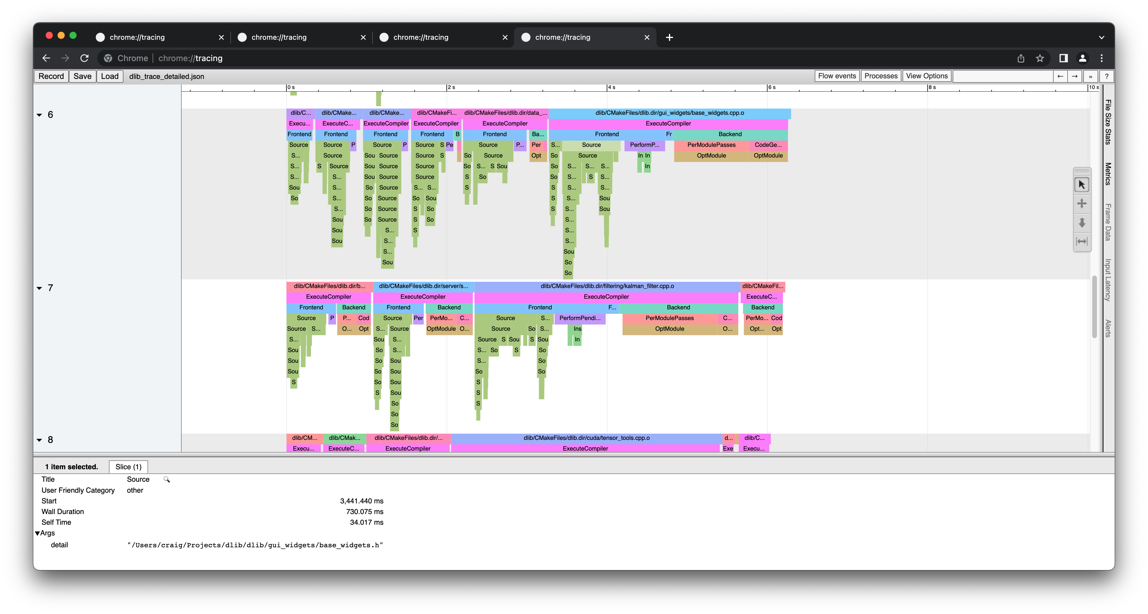 Screenshot of using the Chrome browser to visualise Ninja tracing data with Clang time tracing included. Data is from building dlib.